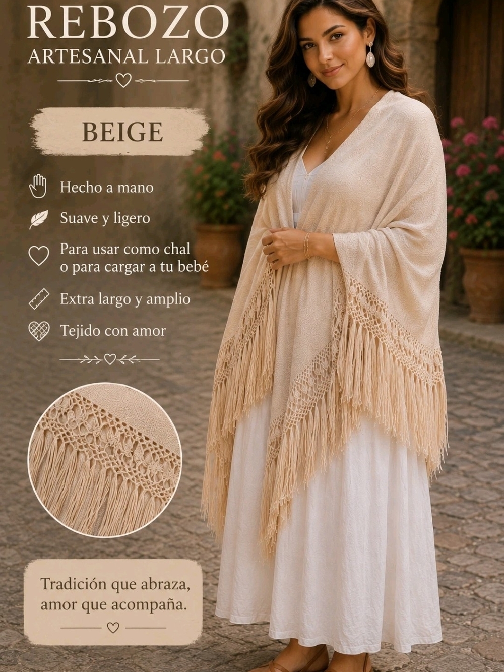 Handmade Artesanal Beige Rebozo Shawl with Fringe - Women Extra Long 100" Wrap